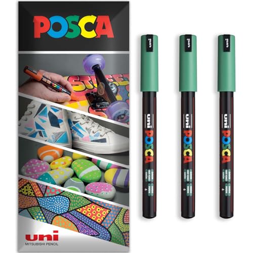 Posca - Water Based Permanent Marker Paint Pen - Multi Surface Use - PC-1MR - Pack of 3 Pens in Wallet (Green)
