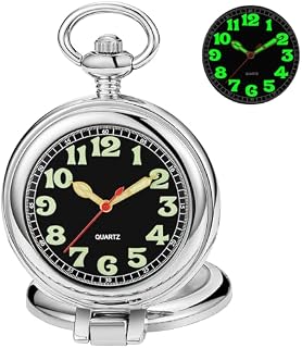 Tiong Silver/Black/Bronze Transparent Cover Quartz Pocket Watch Luminous Dial Stainless Steel Pocket Watch Gift for Men with Chain