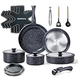 Chef Power Ceramic Nonstick Cookware Set 19 Piece with Detachable Handle, Induction Dishwasher Oven Safe Pans and Pots Set, RV Kitchen Set Removable Handle, Rock Stone Black