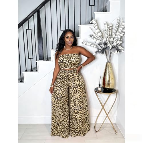 Image of Two Piece Sets for Women Summer Outfits Crop Tops and Wide Leg Pants Sets Sexy Jumpsuits Vacation Outfits with Pockets