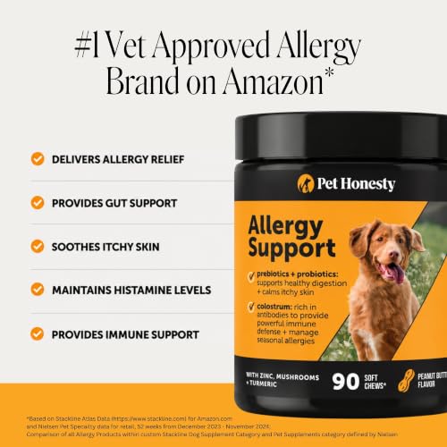 Image of Pet Honesty Dog Allergy Chews - for Paw Licking, Itching & Seasonal Allergies - with Colostrum, Probiotics & Salmon Oil - Vet Recommended Itch Relief Supplement for Dogs (Peanut Butter, 90 Ct)