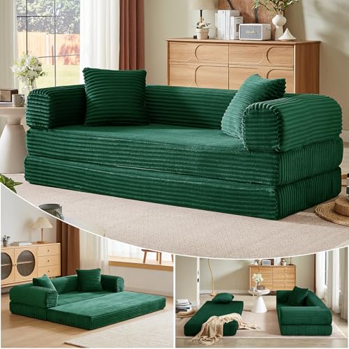 Image of Convertible Futon Sofa Bed, Fold Out Floor Sofa Couch with Sleeper Sofa,Folding Boneless Couches with Deep Seat,Cloud Corduroy Foldable Mattress Couch for Living Room (Green)