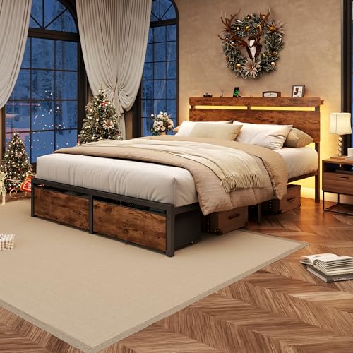Image of Forestell Queen Bed Frame with Wood Headboard, Metal Platform Bed with 2 Storage Drawers & Shelf, Built-in Charging Station & LED Lights, No Box Spring Needed, Vintage Brown, Cama Queen Size