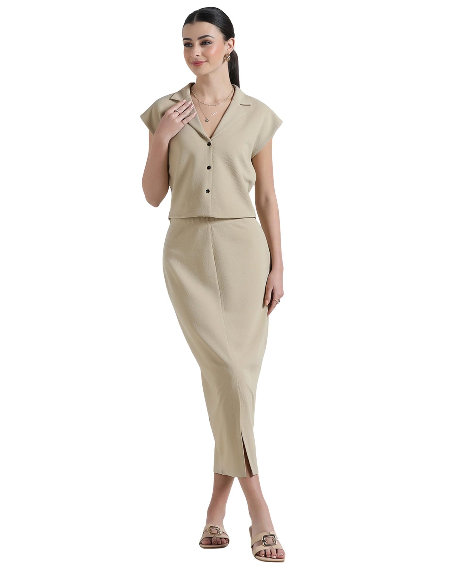 Women’s Beige Co-ord Set, Shirt Top with Midi Pencil Skirt, Elegant Office Wear Two Piece Outfit-image-30