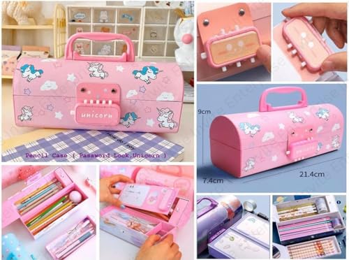 Image of Invite New Cartoon Theme Pencil Box with Push Pull Eraser Set for Kids | Suitcase Style Password Lock Stationery Organizer | School Supplies Gift Combo for Boys & Girls (Unicorn + Eraser)