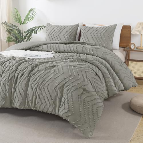 Image of Andency Medium Grey Comforter Set King Size, Boho Soft Warm Tufted Bedding Comforter Sets for King Size Bed, 3 Pieces Aesthetic Chevron Farmhouse Cute Bohemian Textured Bedding Set