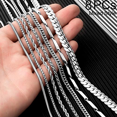 Stino 8Pcs Stainless Steel Chain Necklace For Men Women, Silver Tone Necklace Chains Bulk, Figaro Chain, Snake Chain, Cuban Link Chain, Rope Chain. (8Pcs Mixed Style) #TOP3