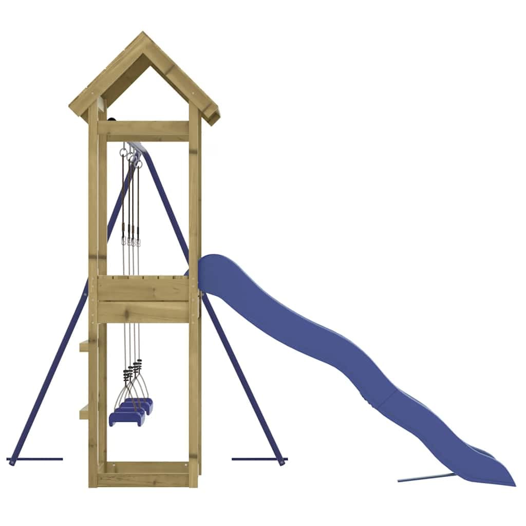 Torre da gioco in legno di pino impregnato con scivolo, doppia altalena e sabbiera, struttura da arrampicata per giardino, giocattolo per bambini dai 3 anni in su