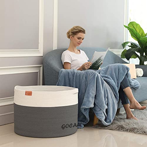 GOCAN Extra Large Laundry Basket toy storage 22\"X22\"X14\" blanket basket Cotton Rope Woven Baskets with Handles for Living Room (Grey/Beige) XXXL