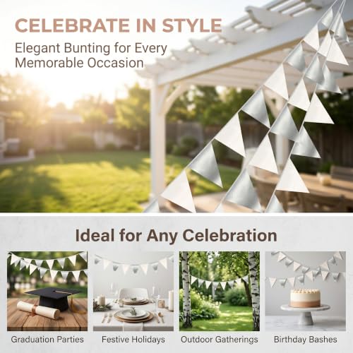Image of 130FT White Silver Triangle Pennant Banner Flag Metallic Fabric Bunting Garland for Christmas Graduation Birthday Wedding Bridal Shower Nautical Ahoy Achor Theme Party Decorations Supplies