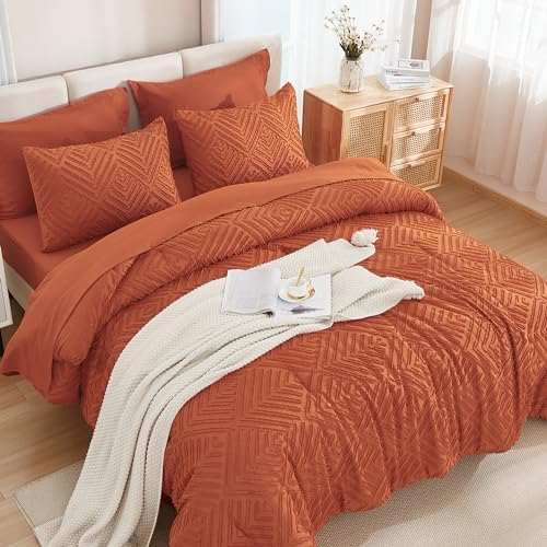Image of Andency Super King Plus Comforter Set Burnt Orange - 7 Pieces Bed in a Bag Oversized King Bedding Sets, Boho Tufted Terracotta Bedding Sets, Rust Bed Set with Comforter, Sheets, Pillowcases & Shams