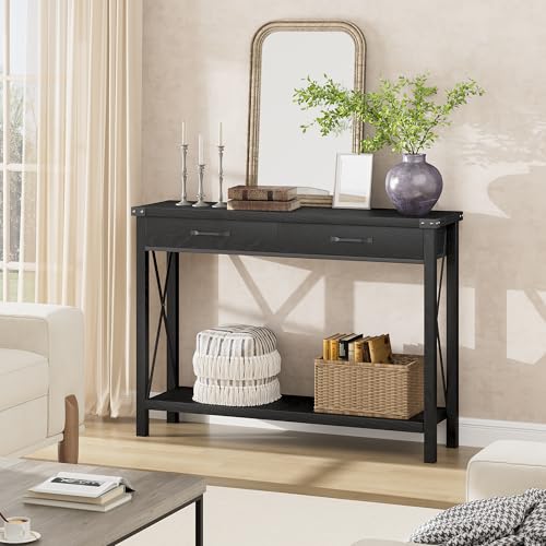 IDEALHOUSE Mesa consola con 2 cajones, mesa de sofá de granja con estante de almacenamiento, mesa de entrada de madera decorativa para sala de estar, pasillo, vestíbulo, color negro