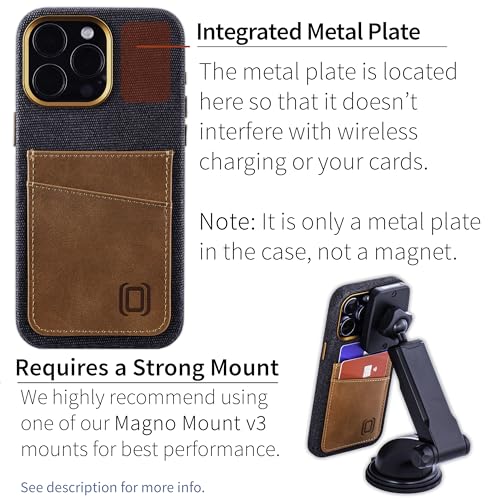 Image of Dockem Fabric Card Case for iPhone 15 Pro Max with Built-in Metal Plate for Magnetic Mounting, Stitched-on Genuine Leather Wallet with 2 Credit Card /ID Slots: M2F 15 Pro Max [Grey w /Light Brown]