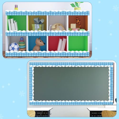 Image of BeYumi Winter Snowflake Border Trim - 65ft Winter Snowflake Plaid Scalloped Rolled Border Trim Blue Winter Christmas Bulletin Board Borders School Classroom Office Chalkboard Holiday Party Decoration