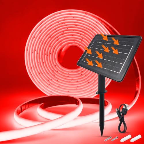 KAFULA 24V COB LED Solar Strip [1m,Red Light], 1200MAH Solar Panel Controller, 8 Modes, IP68 Waterproof Flexible Silicone FCOB LED Neon Strip for Bedroom Garden Hallway Decoration