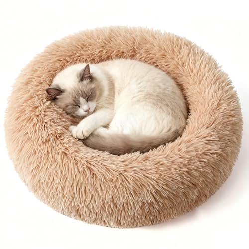 猫 犬 ベッド ドーナツふわふわ - 洗える カバー取り外し可能 丸型 暖かい ペットクッション 滑り止め 保温防寒 耐噛み あたたかい 猫 犬 小動物用 ペット用品 ぐっすり眠る 洗濯可能(100cm,ライトブラウン)