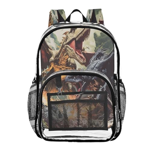 Dinosaur Fire Clear Backpack Heavy Duty See Through Transparent PVC BookBag for Kids Boy Girl School Work