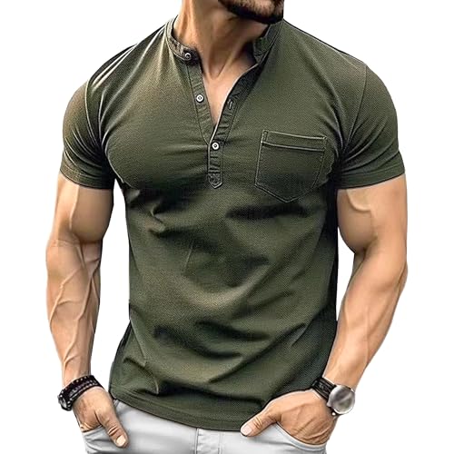 Men Business Casual Polo Shirt Quarter Button Pocket Slim Outdoor T Shirts Summer Solid Short Sleeve Street Tops (Navy Green,Small)