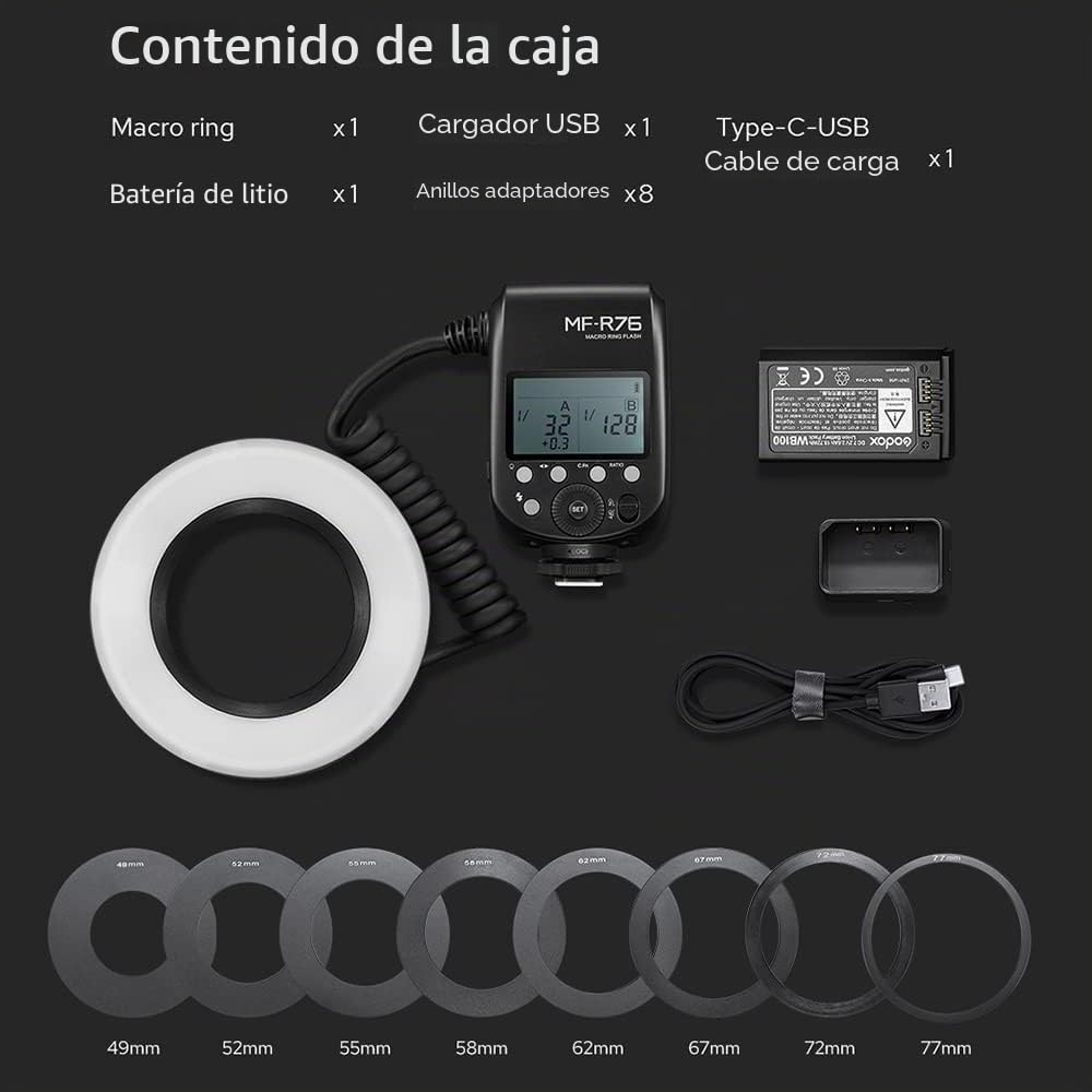 Godox MF-R76 LED Micro Ring Flash con Batería de Iones de Litio de 2600 mAh y Anillos Adaptadores de Pantalla LCD para Canon Sony Nikon Fuji Olympus Panasonic Pentax Camera Flash Speedlight Light