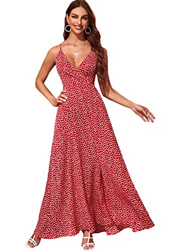 Floerns Women s Floral Print V Neck Wrap Sleeveless Tie Back Beach Maxi Dress Red S
