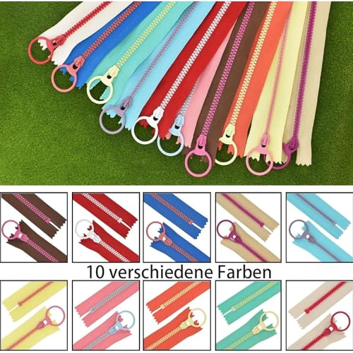 Harz Nylon Reißverschluss Set - 10 Stücke, 20cm Metallring, Bunte Coil Reißverschlüsse für Schneider