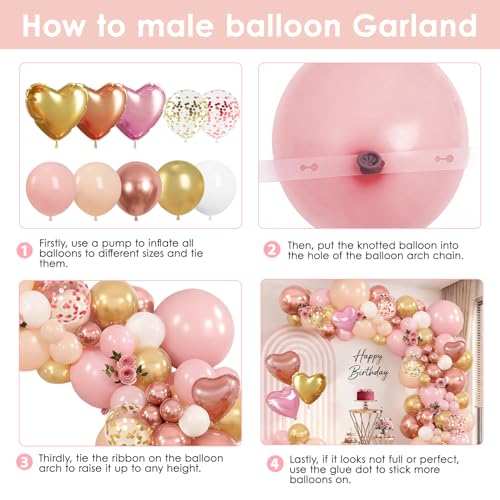 Image of Zesliwy Rose Gold Pink Balloon Arch Kit,Light Pink Nude White Metallic Gold Balloons Garland Rose Gold and Gold Confetti Balloons with Heart Balloon for Wedding Bridal Shower Birthday Party Decor