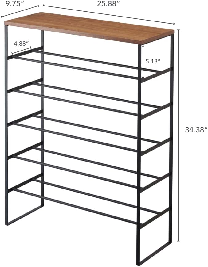 YAMAZAKI Home Six-Tier Shoe Organizer – Tall Slim Shoe Rack for Entryway Or Closet, Narrow Metal Shoe Storage with Wooden Top, Steel, Black, Easy Assembly, 34" - Steel - Holds 18 to 21 Shoes