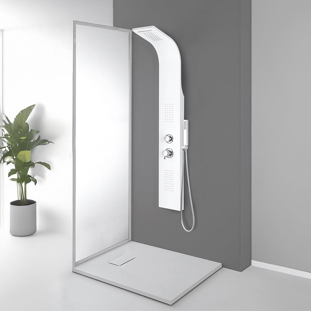 Colonna Doccia Idromassaggio Multifunzione H 145 Cm In Alluminio Bianco Opaco Con Soffione, Getto Effetto Cascata, Doccino E Getti Orizzontali, Completa Di Flessibile