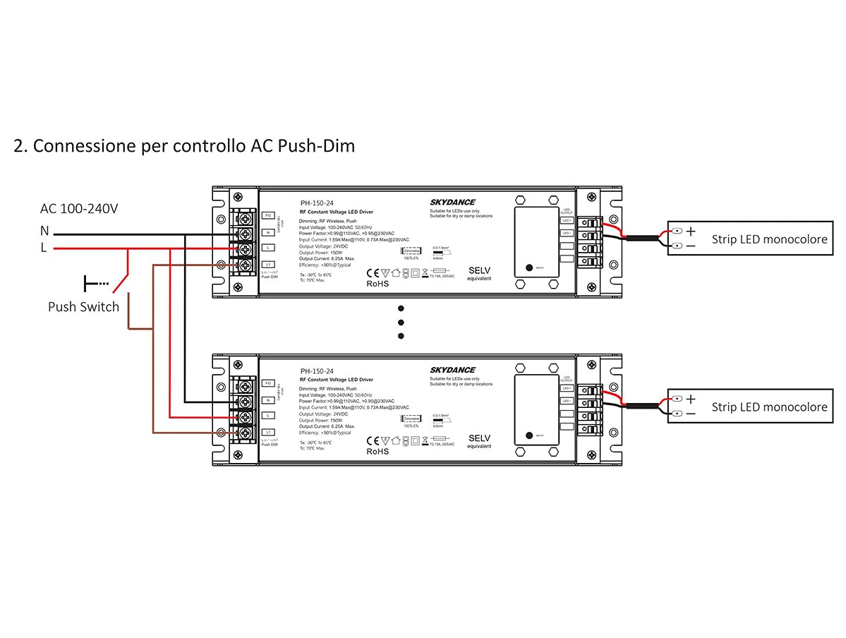 Transformador de alimentación regulable 24V 150W con botón N.O. Push Dimmer – Compatible con control remoto RF 2.4G (no incluido), para tira de LED 24V, Skydance PB-150-24