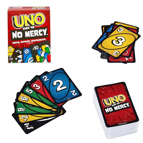 Mattel Games Jogo de cartas UNO No Mercy Jogo de mesa familiar com cartas novas, regras especiais e penalizações mais implacáveis, +7 anos (HWV18)