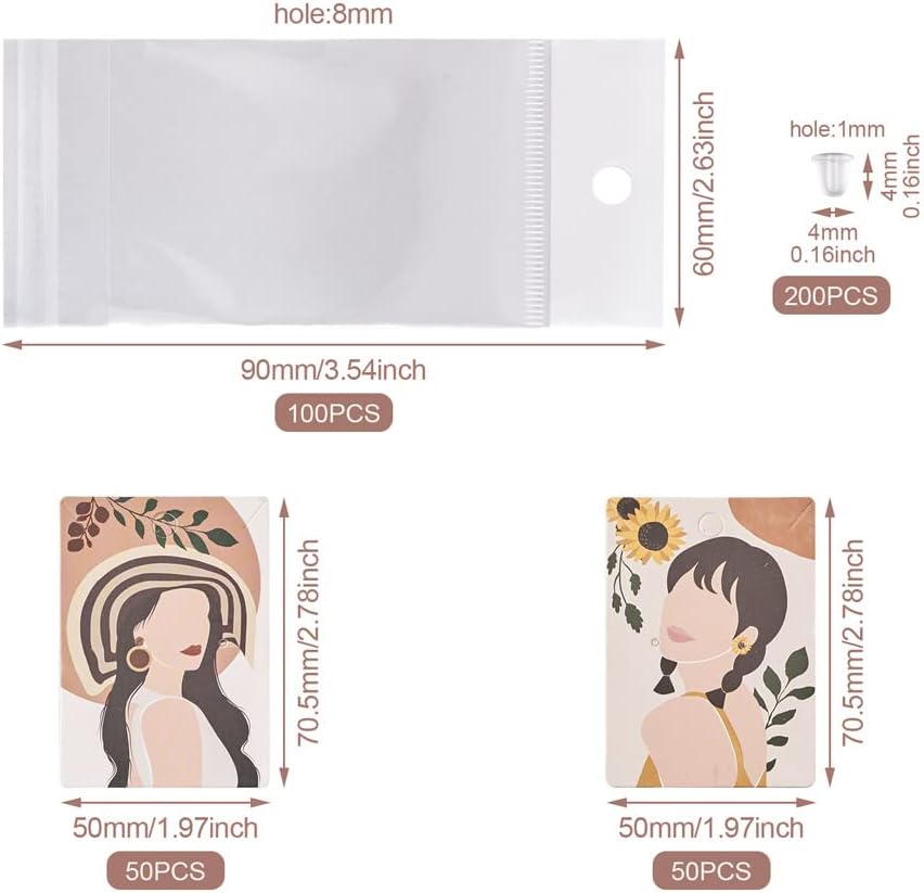 100Pcs Euramerican Style Rectangle Jewelry Display Cards Women Pattern Kraft Paper Earring Holders with Plastic Earring Nuts and OPP Clear Plastic Bags for Jewelry Crafts Storage Packaging and Display