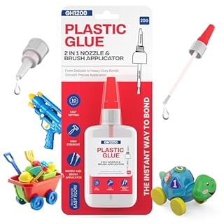GH1200 (2-IN-1) Plastic Glue with Brush Applicator & Nozzle, Fine Superglue for Plastic, Instant Model Glue for Toys, Crafts, DIY & more