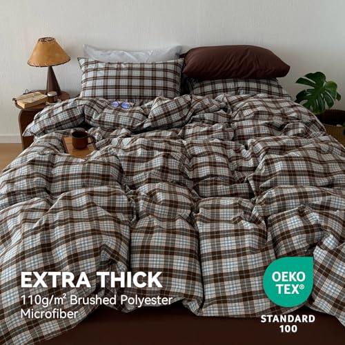 Image of Gingham Duvet Cover Full Size Brown Blue Buffalo Plaid Bedding Set 3 Pieces Vintage Grid Checkered Soft Lightweight Microfiber Comforter Cover Set with Zipper Closure and 2 Pillowcases