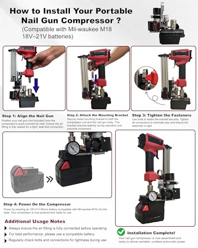 Cordless Portable Air Compressor Pump for Pneumatic Nail Guns, Tank-Free Mini Air Compressor Fit for Miwoqi 18V Batteries (Battery&Nail Gun Not Included), Mobile Air Supply for Trim & Woodworking