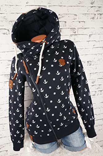 VIN TE Damen Sweat Jacke XXL Kapuze Hoodie Übergangsjacke Fleece gefüttert schräger Reißverschluss verschiedene Modelle Anker Pfote M - 3XL (as3, alpha, 3x_l, regular, regular, Blau-1797, 3XL)