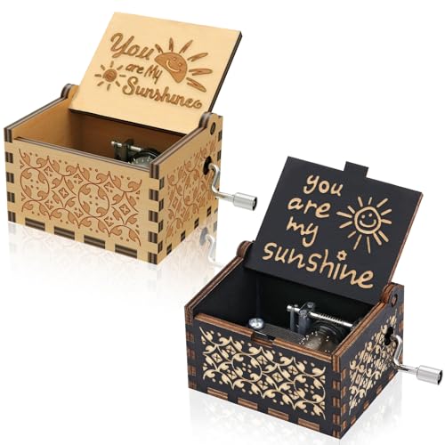 QYRDBGY 2 PCS Wooden Music Box, You Are My Sunshine Music Box Hand-Crank Melody Wood Musical Boxes Antique Engraved Romantic Present for Friends Lovers Mother