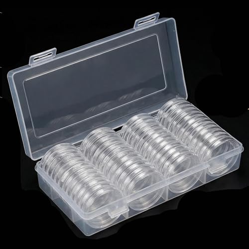 SeekAuth 56 Pack Clear Plastic Coin Capsule Holders 31mm with Storage Box for US Franklin Kennedy Half Dollar