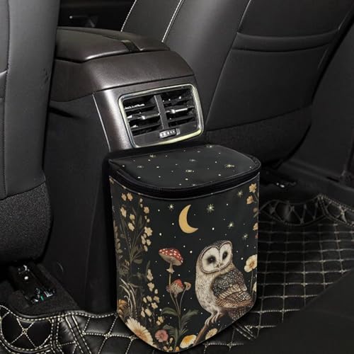Image of Talayituse Owl Mushroom Daisy Flower Print Car Trash Bin, Large Size Auto Trash Can Adjustable Portable Garbage Can with Lid, Vehicle Hanging Bag for Headrest Front Back Seat