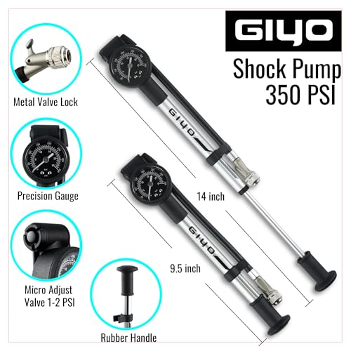 GIYO Hochdruck Fahrrad-Dämpferpumpe für MountainbikeVorder-/Hinterradfederung Aluminiumzylinder 1.5 Zifferblattmanometer Mikro-Einstelltaste | 350 PSI 360° Drehbarer Schlauch | Hergestellt in Taiwan