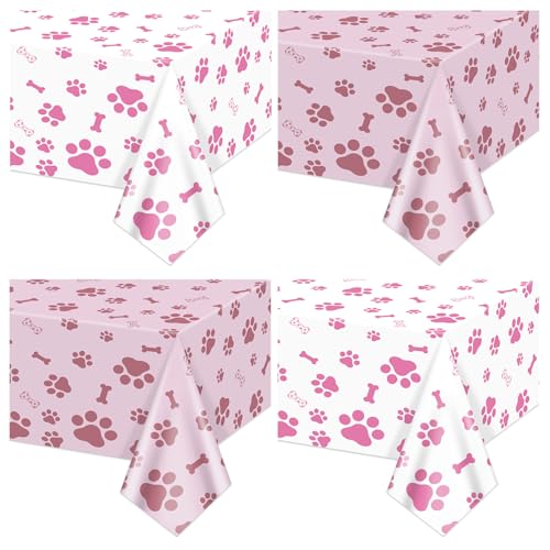 APUXXJUPA Mantel con estampado de huellas de cachorro rosa, 4 fundas de mesa de color rosa y blanco para decoración de fiesta de cumpleaños temática de mascotas, 51 x 86 pulgadas