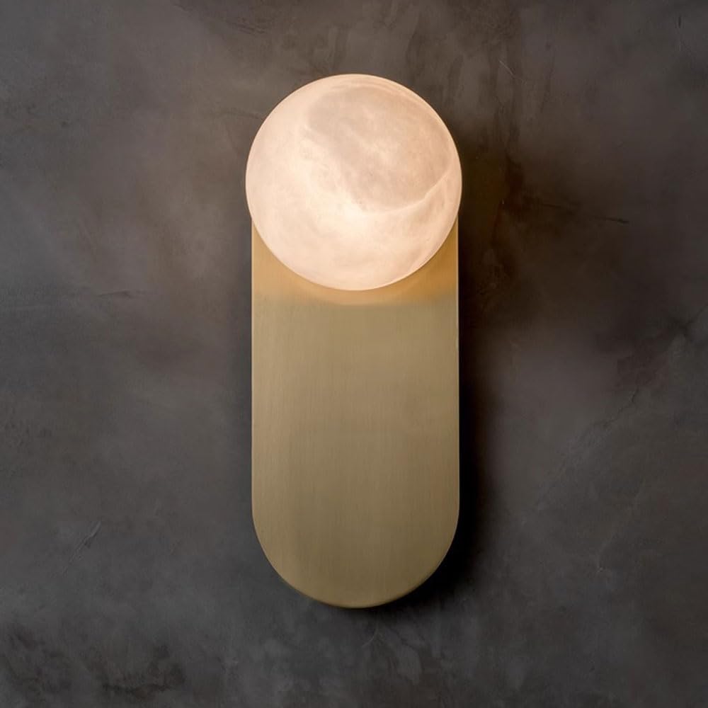 JISHUBO 11.8 Inch Oval Copper Wall Light, Spherical Natural Alabaster Lampshade Wall Sconce, Modern Industrial Style Wall Lamp, Living Room Balcony Bedroom Wall Mounted Lighting Fixtures