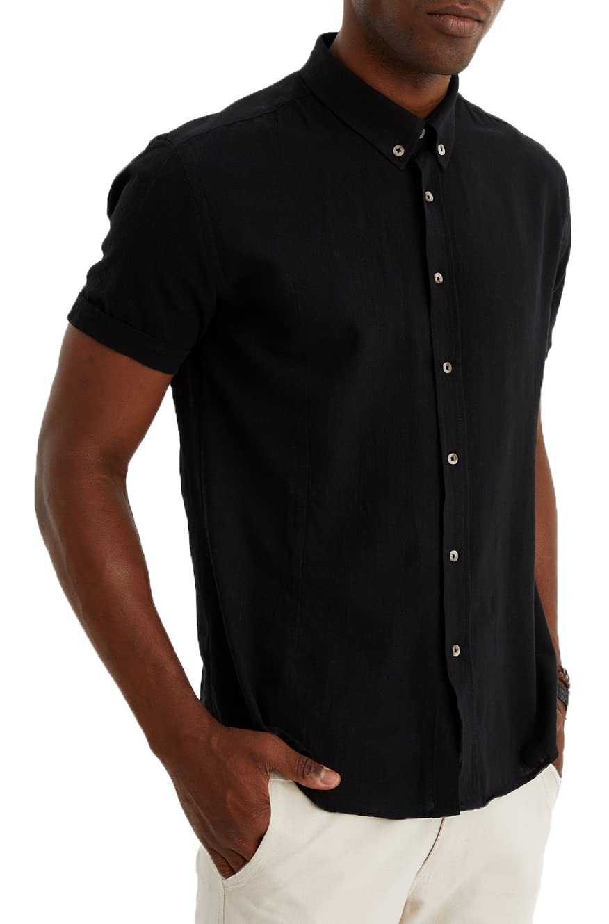 Leif Nelson Camicia in lino da uomo, a maniche corte, in lino, per il tempo libero e il lavoro, misto lino e cotone/vestibilità regolare