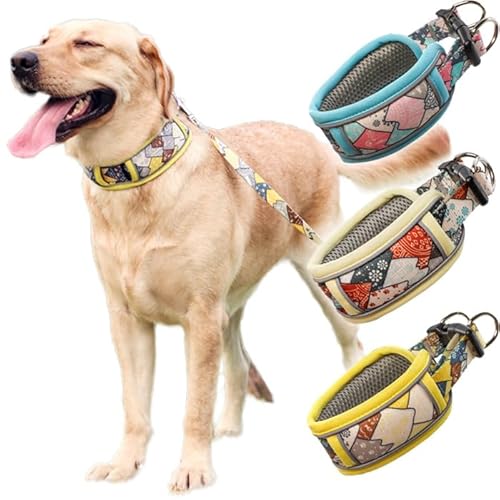 犬 首輪 首や喉に優しい 幅広 和柄 ソフト 素材 光反射 ペット ドッグ ペットグッズ 小型犬 中型犬 大型犬 h0522 (ベージュ, L)