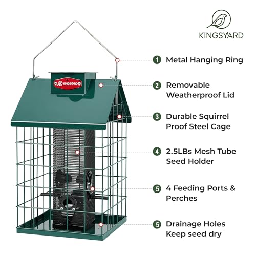 Kingsyard Squirrel Proof Caged Bird Feeder for Outdoor Hanging - Weatherproof Metal Mesh Tube Finch Bird Feeder with 4 Ports for Nyjer/Thistle Seed, Small Birds Goldfinches, Chickadees, Green