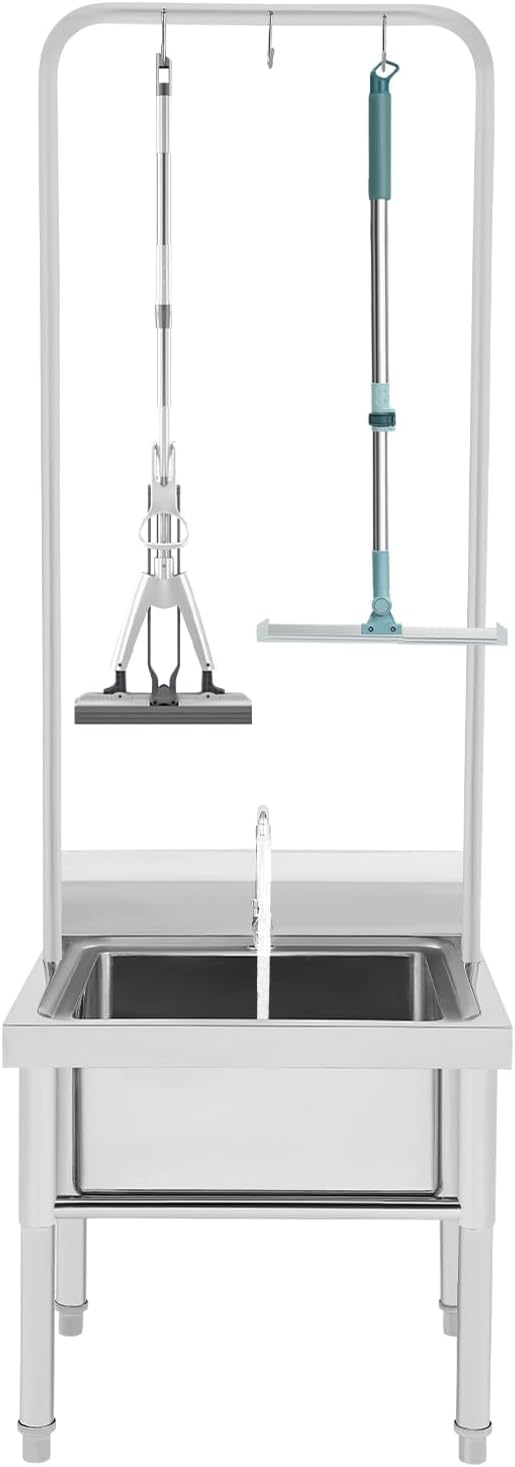 Commercial Mop Sink, 201 Stainless Steel Floor Mop Sink with Faucet and 3 Hook Desig, 23.62" x 23.62" Freestanding Rectangle Large Sinks for Laundry Rooms, Restaurants, Garages, Balconies