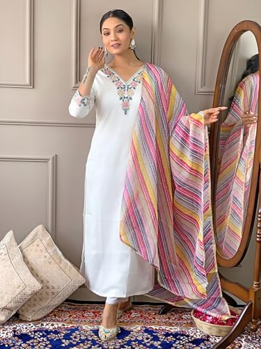 Image of Women's Kurta Set with Floral Print Dupatta, White and Purple