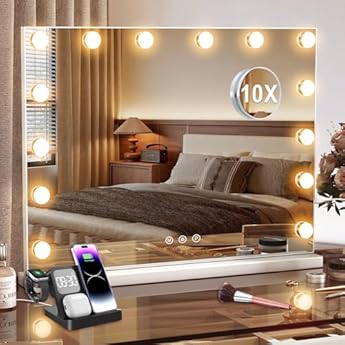 Foto di Ereousa Specchio Trucco con Luci, 3 modalità Luce, 50 x 40 cm Specchio Trucco, Durevole Specchio con Luci Make Up, Specchio Make Up con 14 Lampadine LED