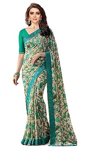 Image of RAJESHWAR FASHION WITH RF Women's Floral Printed Georgette Sarees For Women With Jacquard Work Lace Border & Blouse(Pink Red Free Size 6.30 Mtr)