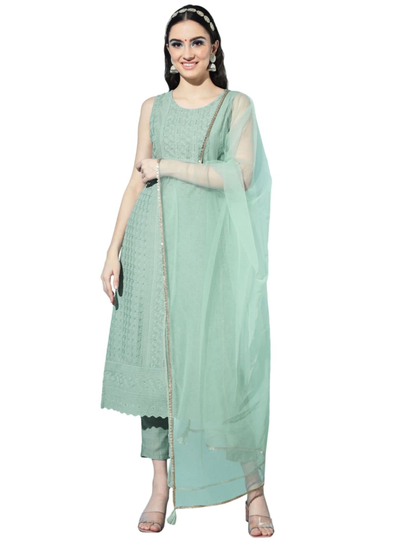 Shopping QueenWomen's Silk Chikankari Kurta Pant & Dupatta Set