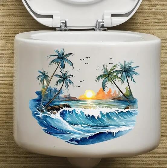 Summer Vibes Coconut Tree Sunset Toilet Cover Sticker Decals Waterproof Toilet Lid Tank Seat Decals Cistern Self-Adhesive Bathroom Wall Sticker
